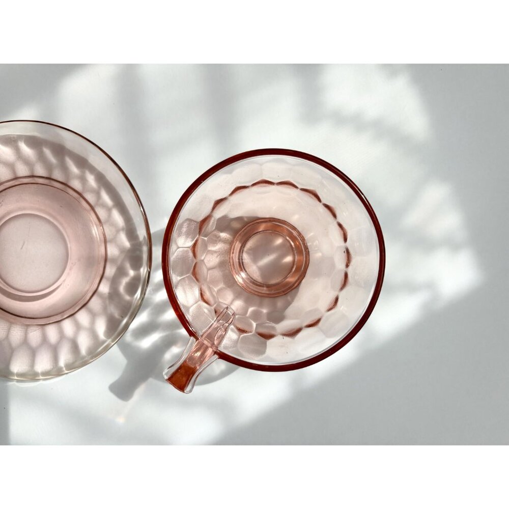 Pink Jeannette Depression Glass Vintage Teacup Saucer Glass Set Optic Thumbprint - Picture 8 of 10